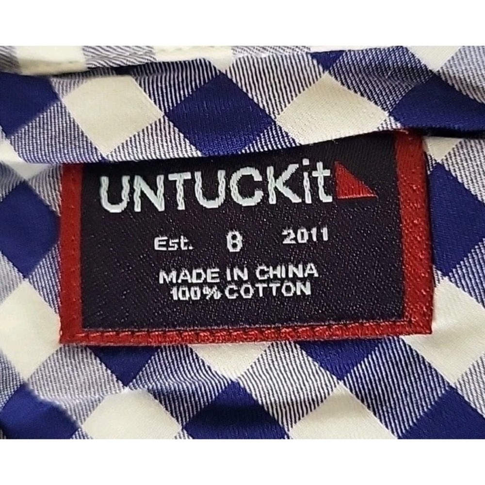 UNTUCKit 8 NWT BELLEZA Navy - Cotton Check Button-Up Shirt Lightweight - Spring - Picture 4 of 7